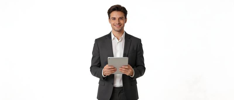 商务男士持平板微笑站立图片