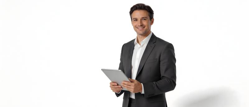 商务男士持平板微笑站立图片