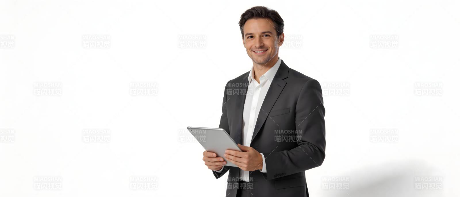 商务男士持平板微笑站立图片