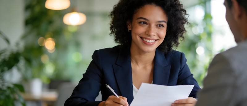 微笑女职员签文件图片