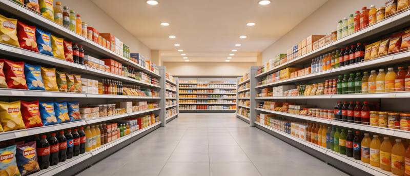 超市货架整齐 商品琳琅满目图片