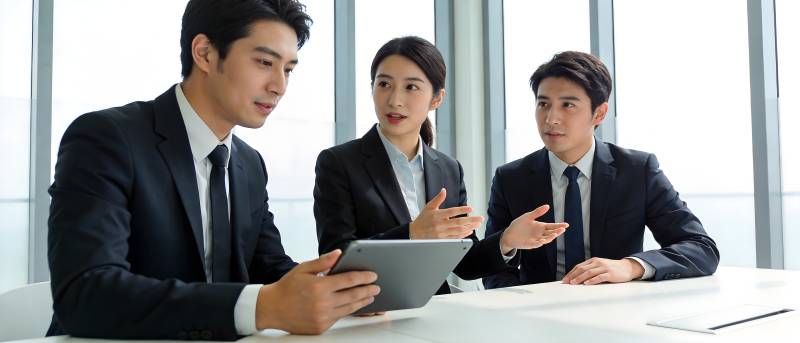 商务三人组讨论平板方案图片