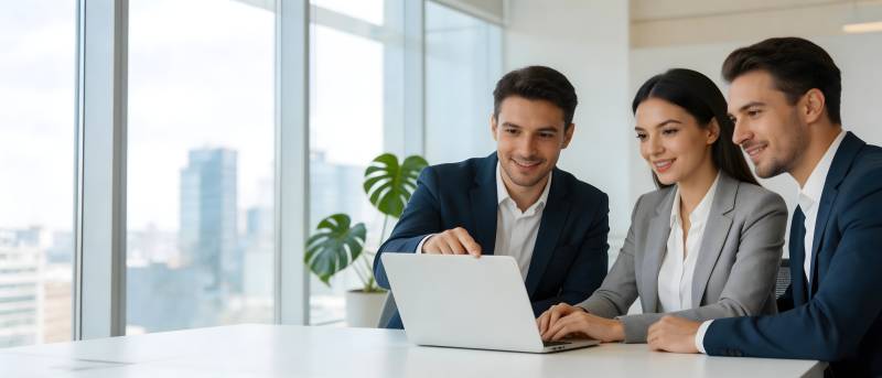 三人协作办公 窗外城市风光图片