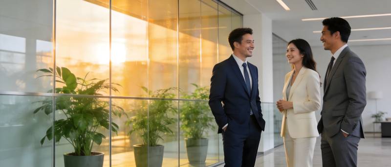 商务 trio 玻璃廊道谈笑风生图片