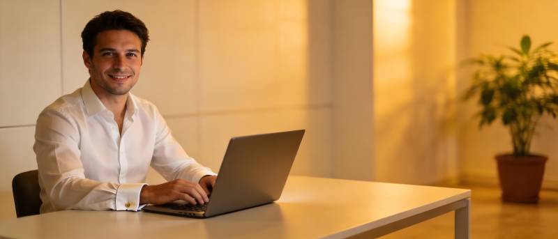 微笑男子办公用笔记本图片