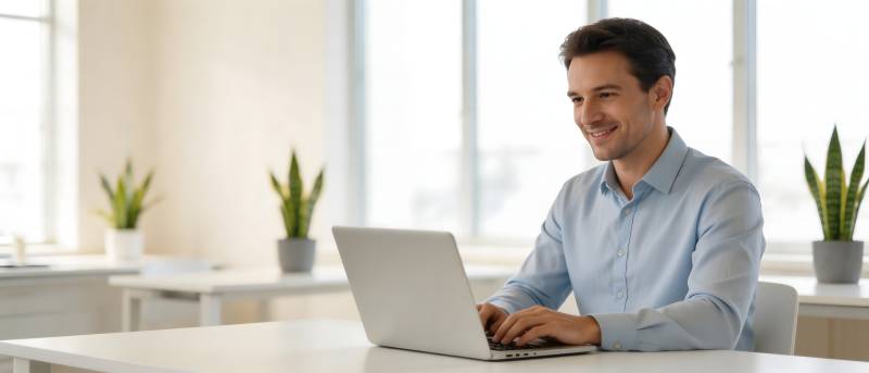 男子微笑用笔记本电脑办公图片