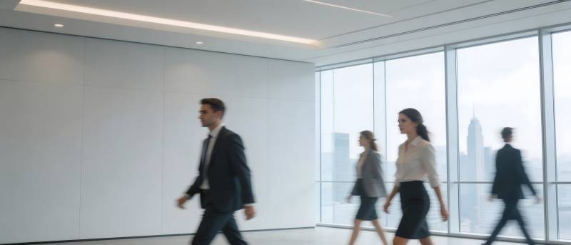 商务人士行走在现代办公室图片