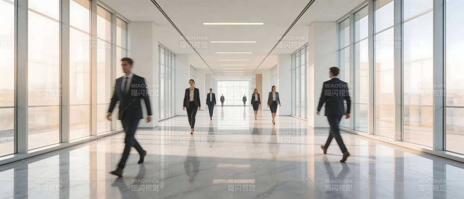 商务人士行于现代走廊图片