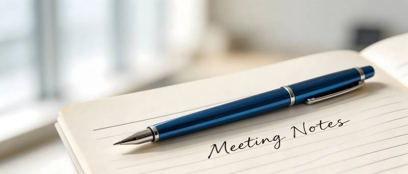 会议笔记与蓝笔特写图片