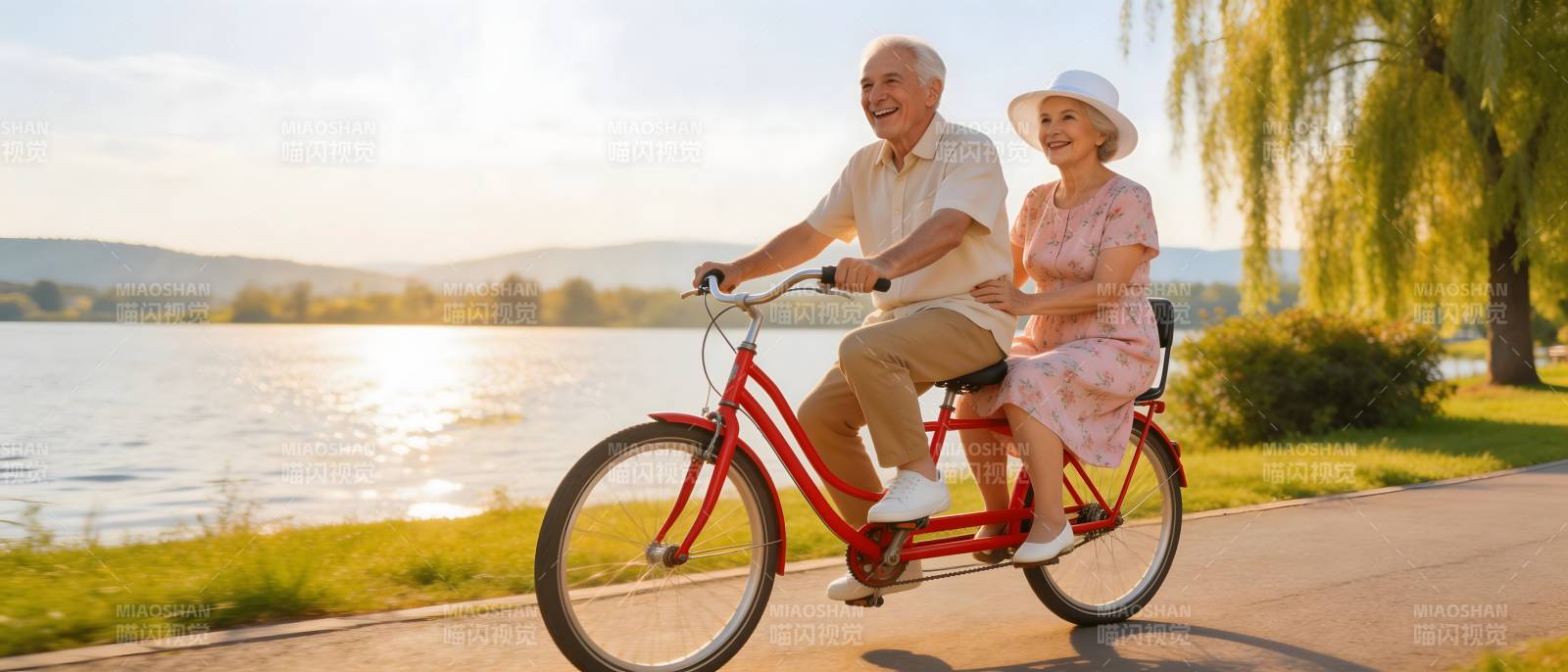 夕阳下 老夫妻共骑 tandem 自行车图片
