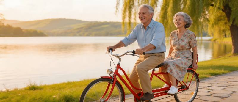 夕阳下 银发夫妇共骑 tandem 车图片