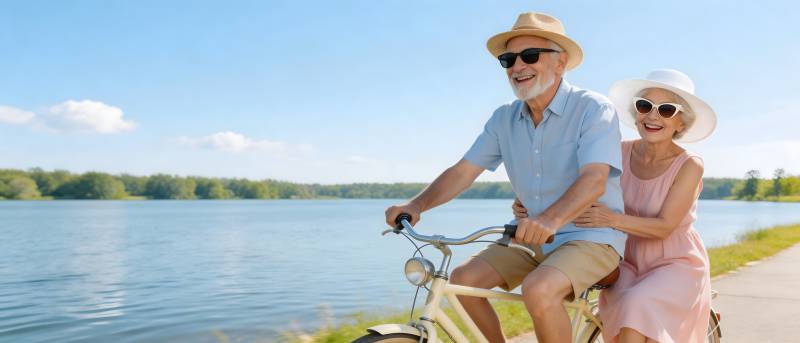 湖畔骑行 银发浪漫时光图片