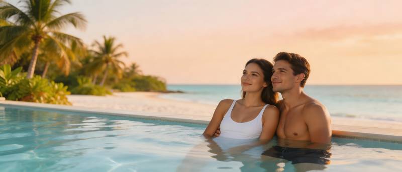 热带泳池情侣夕阳依偎图片