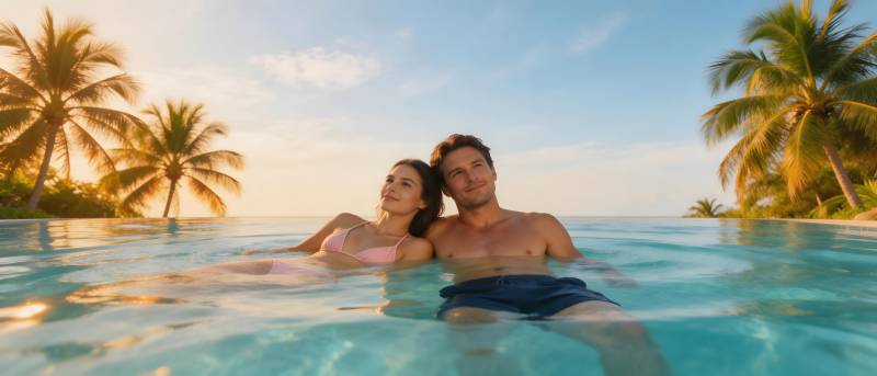 热带泳池情侣浪漫时光图片