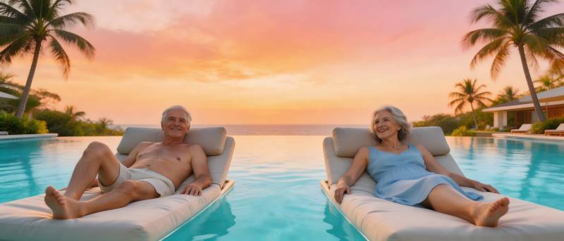 夕阳泳池 银发情侣享悠闲图片