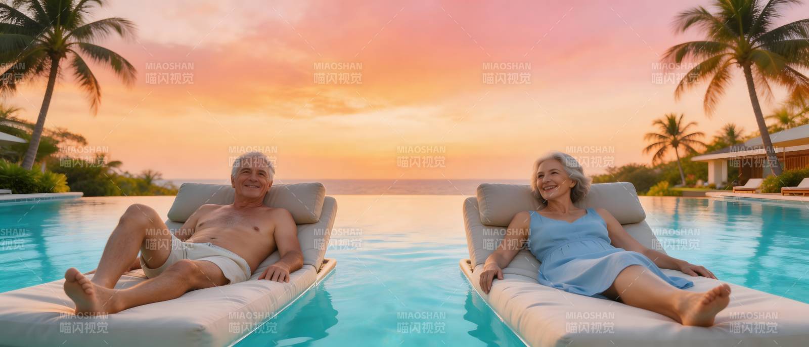 夕阳泳池 银发情侣享悠闲图片