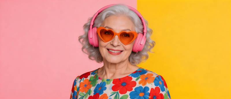 时尚奶奶戴粉耳机橙墨镜图片