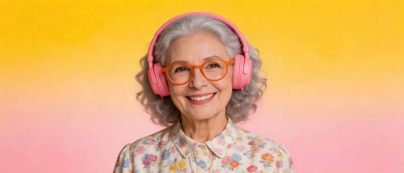 银发奶奶戴粉耳机笑靥如花图片