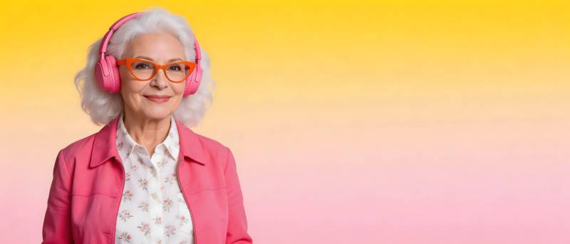 银发潮奶奶戴粉耳机听歌图片