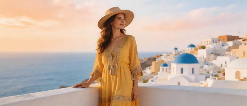 圣托里尼黄裙女子望海图片