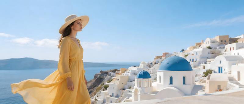 黄裙女子漫步希腊蓝顶小镇图片