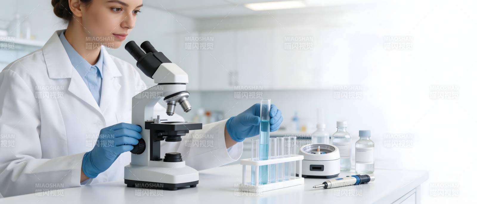 女科学家显微镜前实验图片