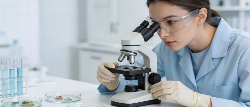 女科学家专注显微镜观察图片