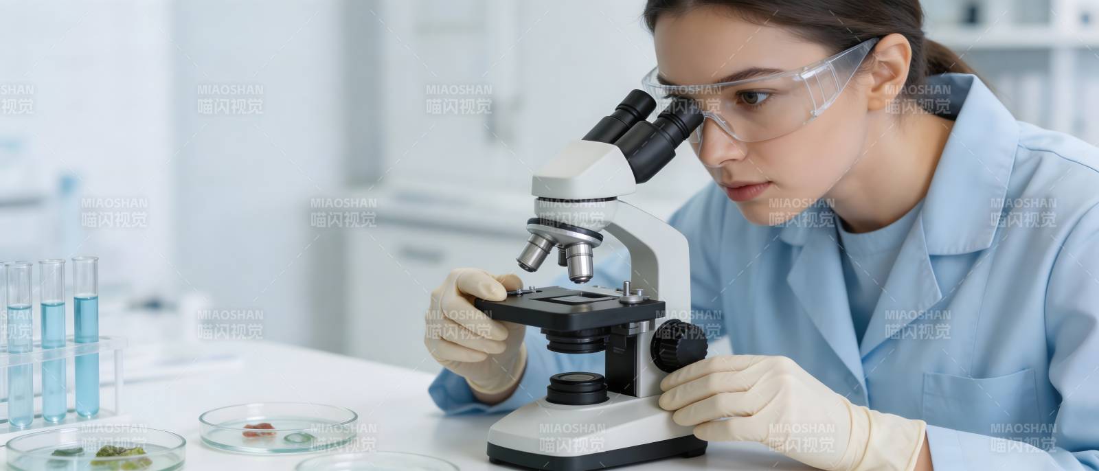 女科学家专注显微镜观察图片