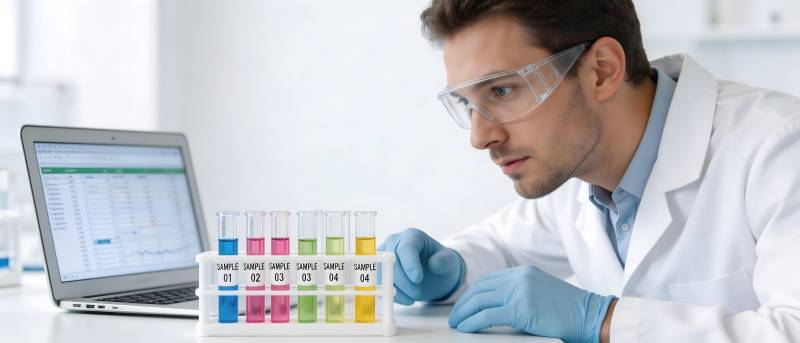 科学家分析试管样本数据图片