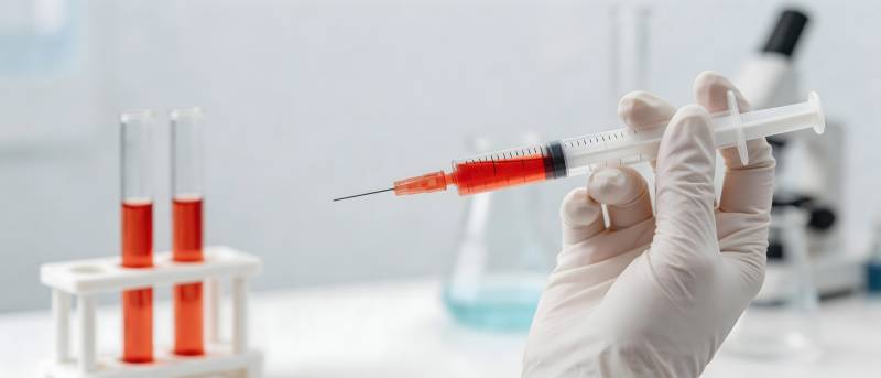 注射器抽红液 实验室场景图片