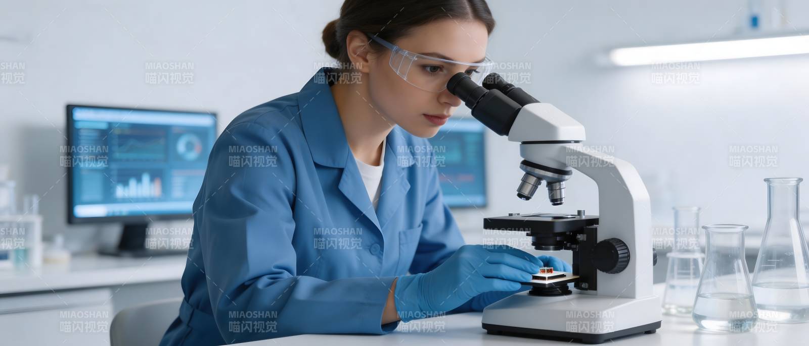 女科学家专注显微镜观察图片