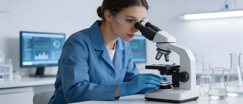 女科学家专注显微镜观察图片