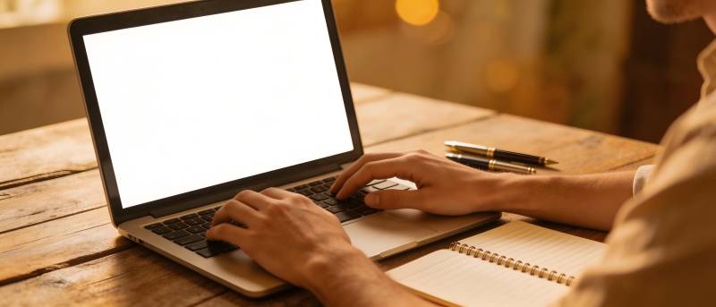 木桌前敲代码 笔伴侧旁图片