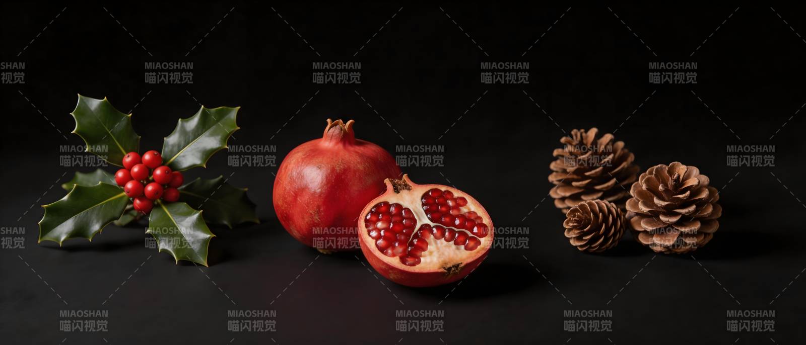 石榴松果冬青 圣诞静物图图片