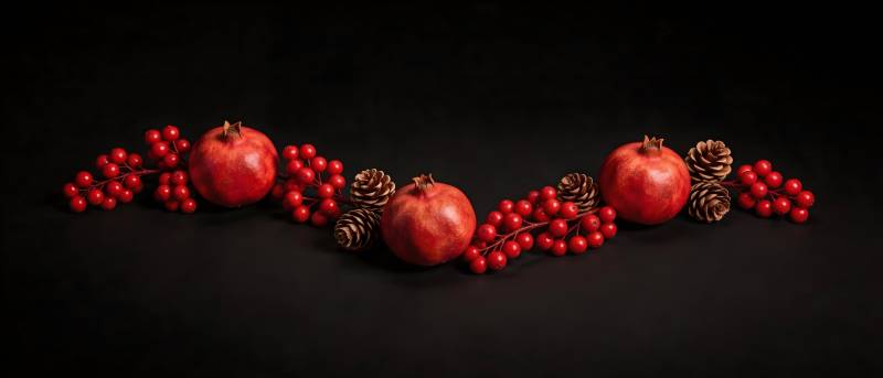 红果松果黑底静物图图片