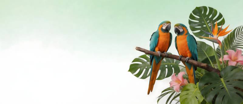 鹦鹉栖枝 热带花叶相伴图片