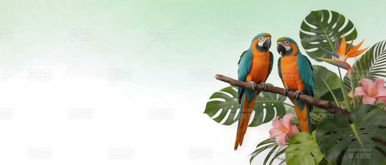 鹦鹉栖枝 热带花叶相伴图片