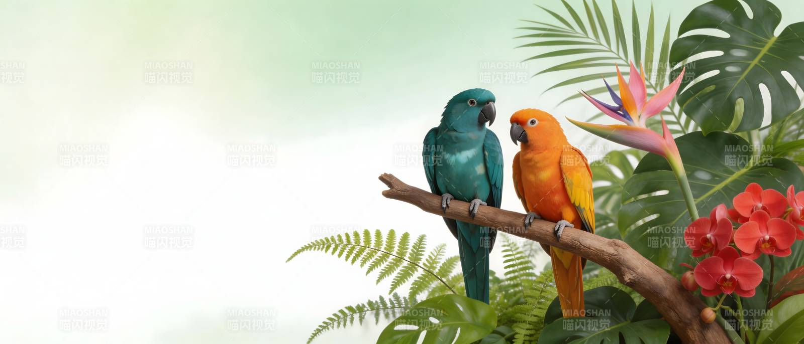 鹦鹉栖枝 热带花叶相伴图片