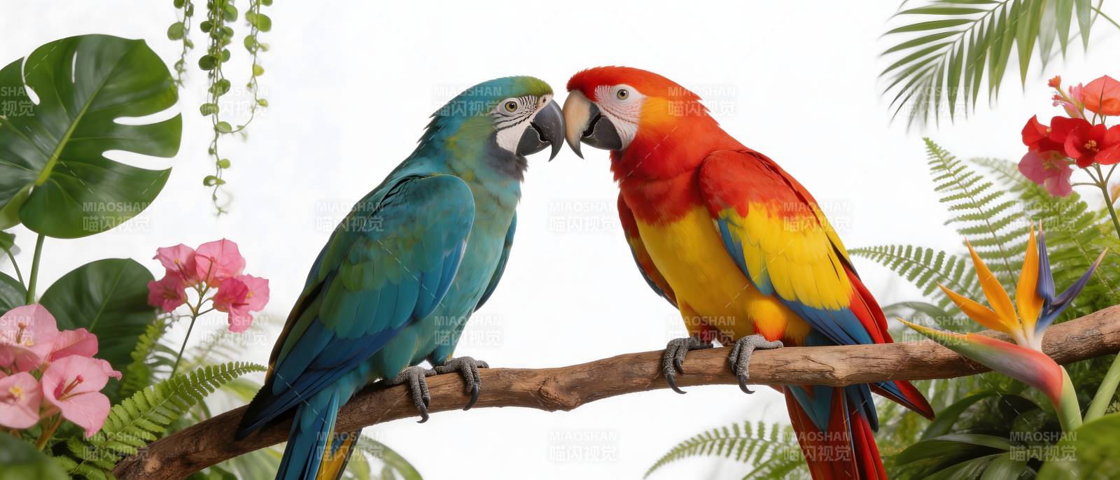 鹦鹉亲昵 热带花丛相伴图片