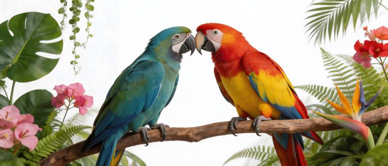 鹦鹉亲昵 热带花丛相伴图片