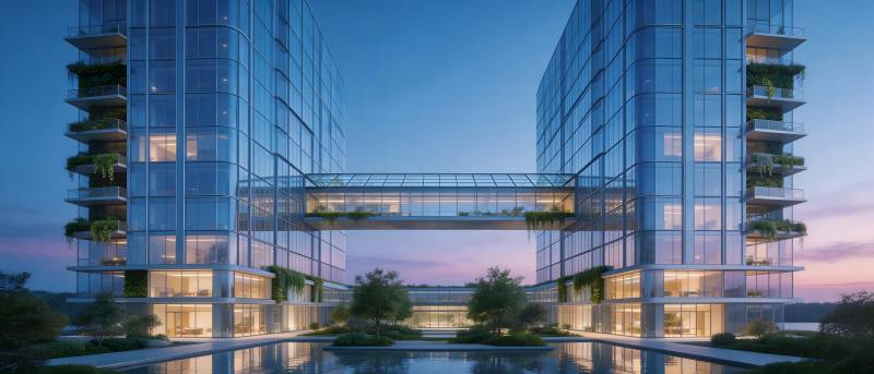 双塔连廊夜景图图片