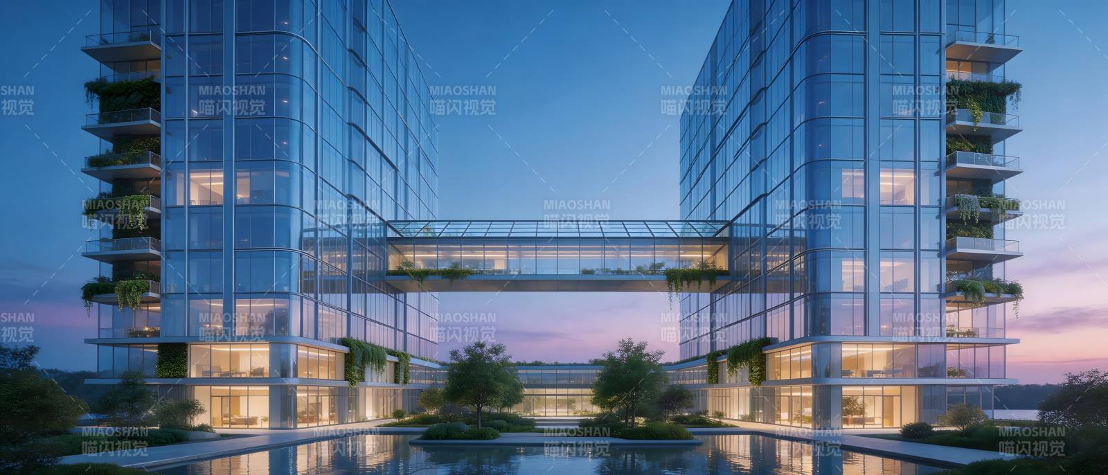 双塔连廊夜景图图片