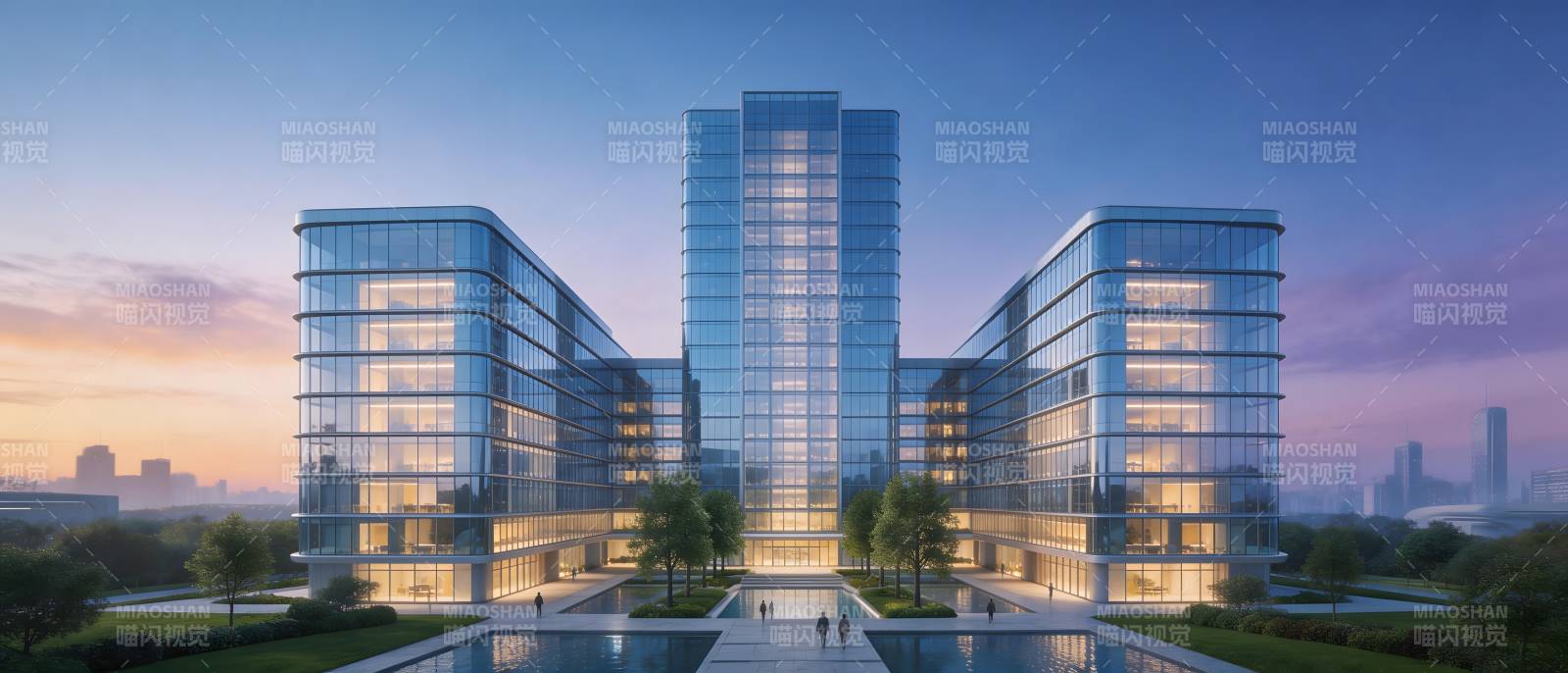 现代玻璃建筑群黄昏景图片
