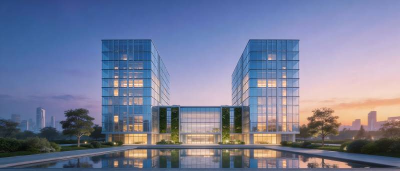 双塔玻璃楼映水暮色美图片