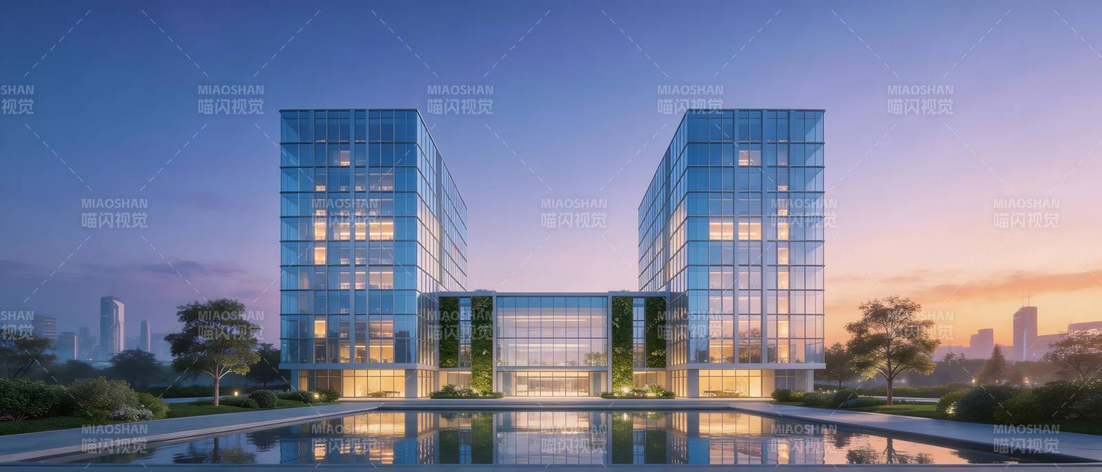 双塔玻璃楼映水暮色美图片