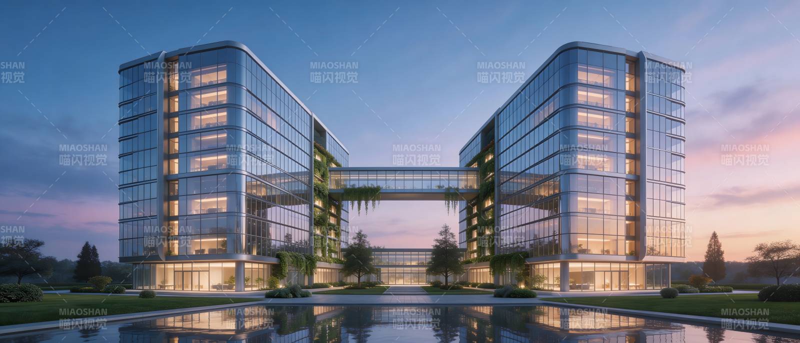 现代双塔建筑映水暮色中图片