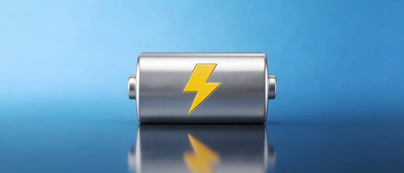 电池闪电标志 蓝色背景图片