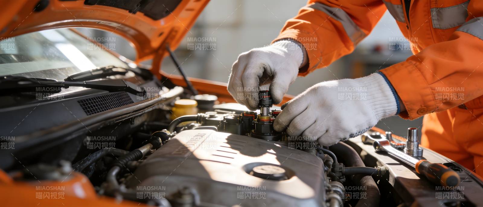 技师检修汽车发动机图片