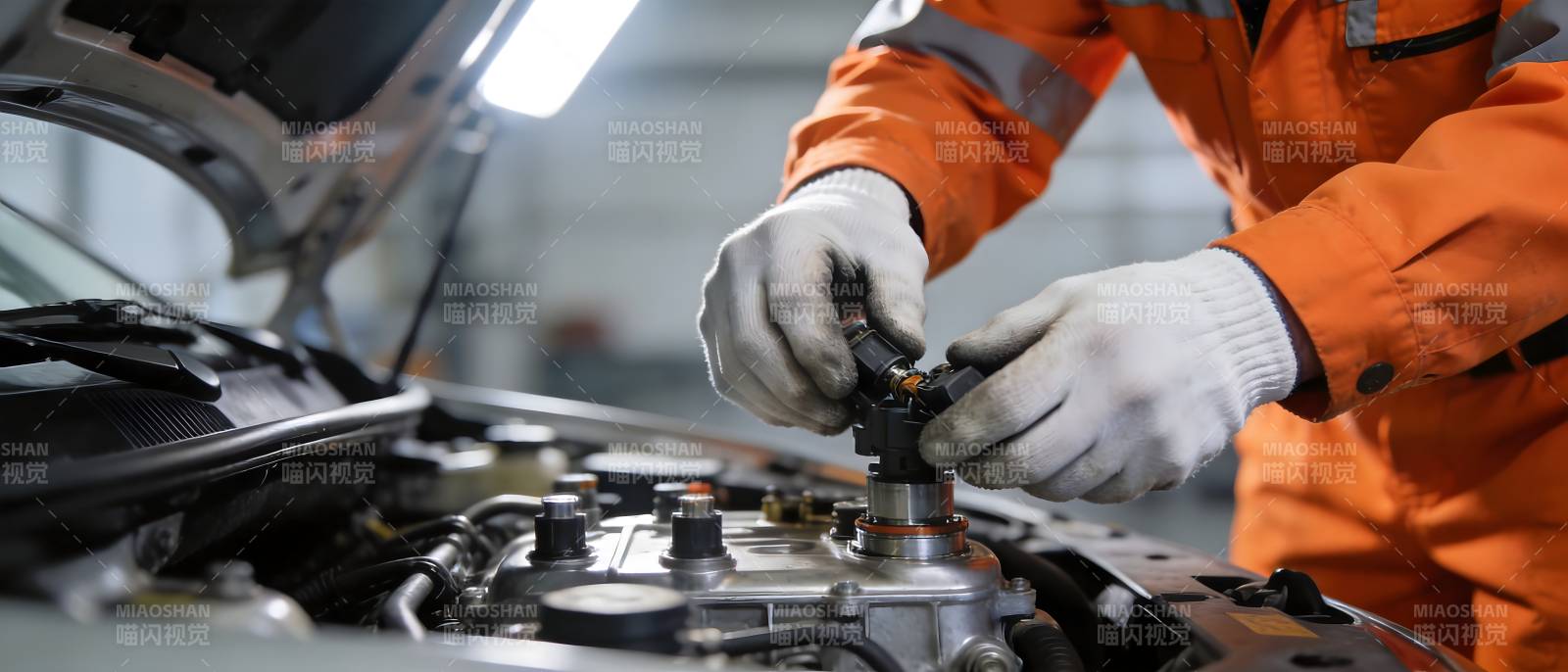 技师检修汽车发动机图片