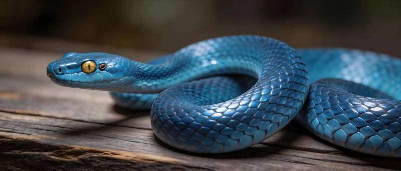 蓝蛇盘踞木上 金瞳凝视图片